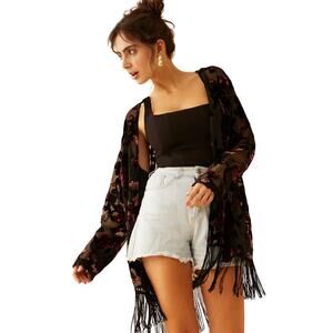 NWT Boho Fringed Burnout Velvet Kimono Jacket by Bohera Medium